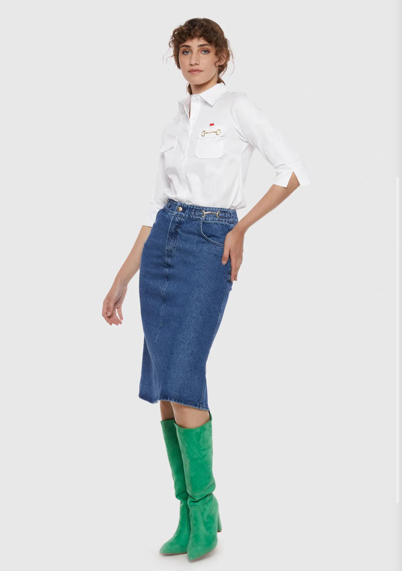 Midi Length Denim Skirt With Metal Joining Accessories