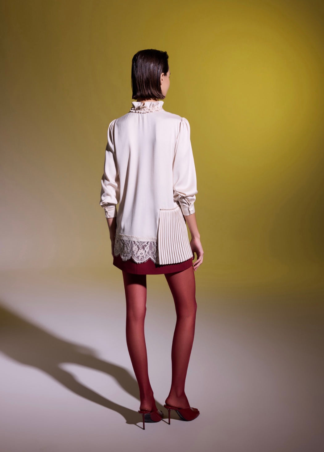 Pleated Ruffle Neck Tunic Blouse