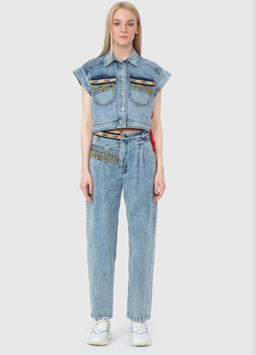 Denim Blue Pants & matching vest with Bead and Ethnic Ribbon Detail