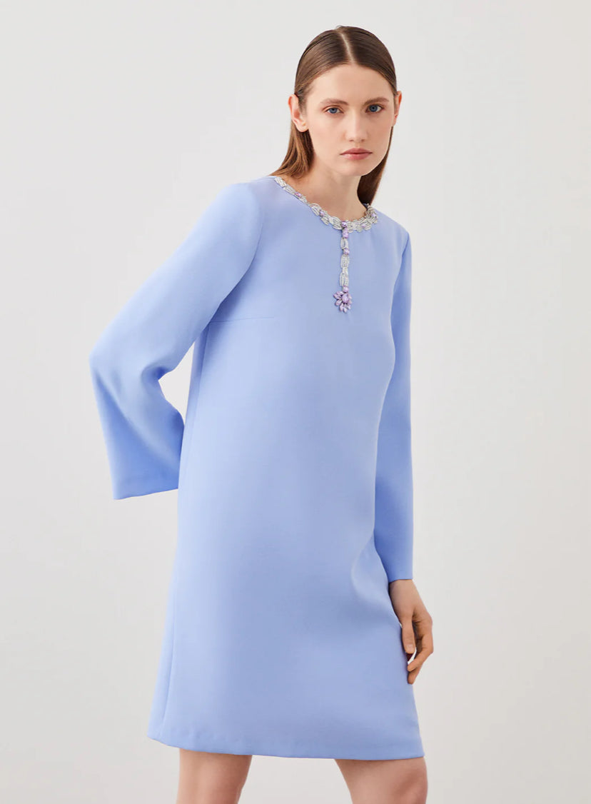 Blue Collar White Stone Embroidered Long Sleeve Straight Cut Mini Dress