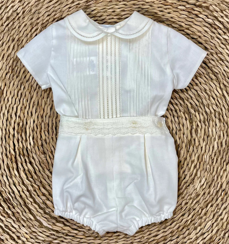 Two-Piece Baptism Set with Pod-Embellished Blouse and Lace Sash