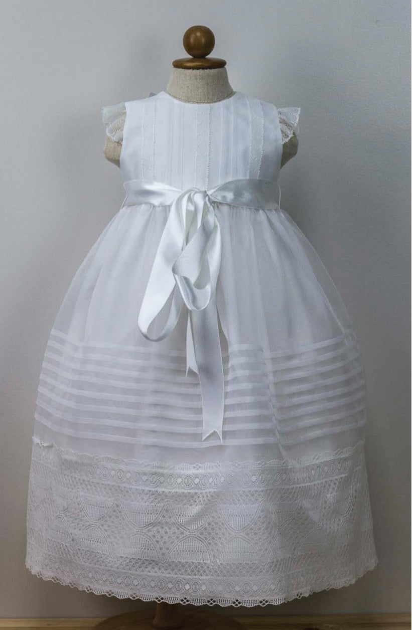 Classic White Christening Gown with Lace Accents and Ribbon Bow
