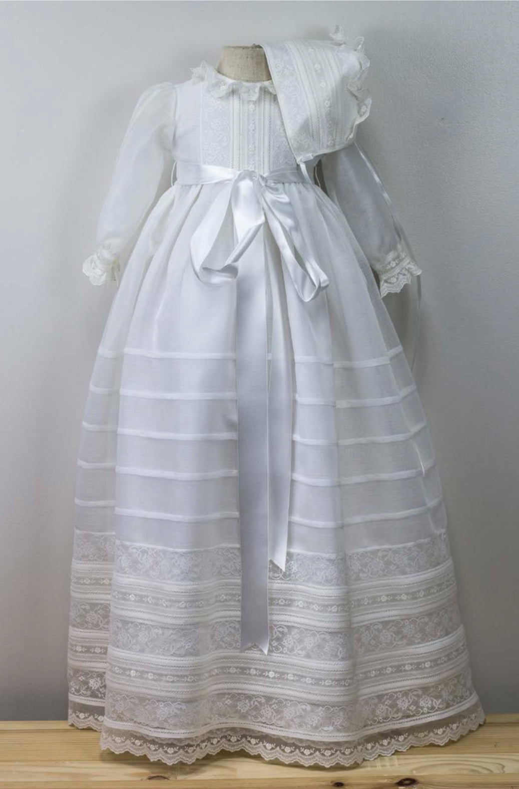Traditional Long-Sleeve Baptism Gown with Pleats and Satin Ribbon Details