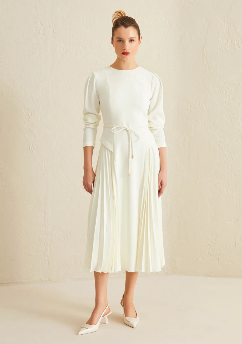 Skirt Pleated Midi Dress with Waist Tie