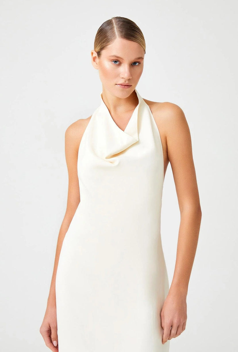 Ecru Halter Turned Neck Backless Cocktail Dress