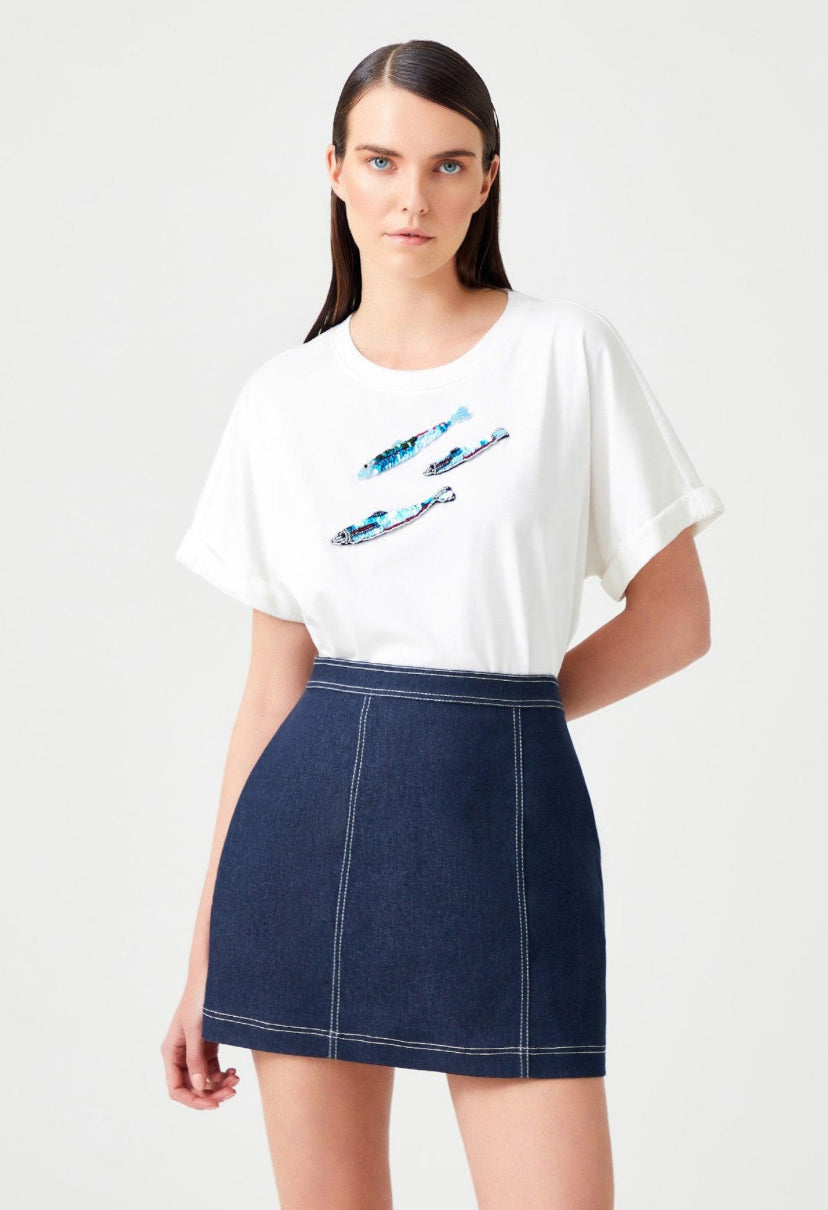 White Sequin Fish Processed top