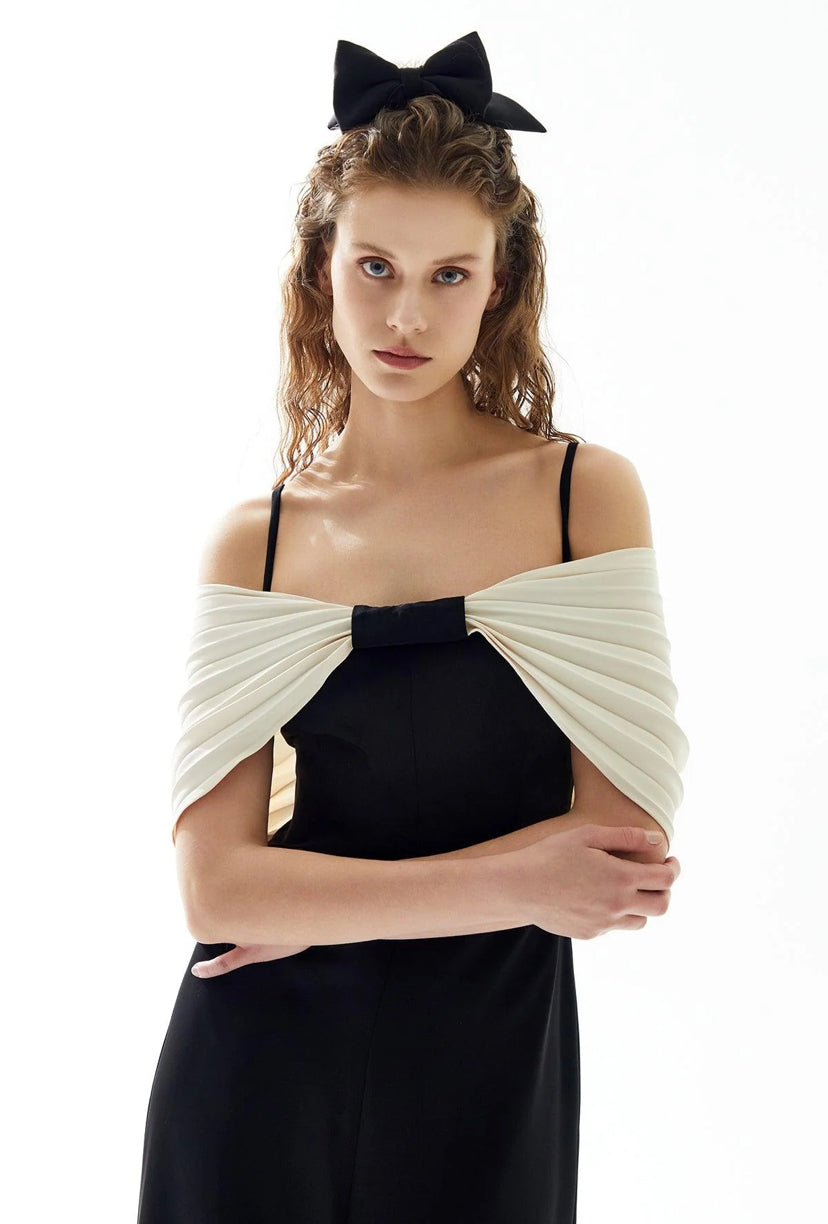Black Cream Low Shoulder Cocktail Dress