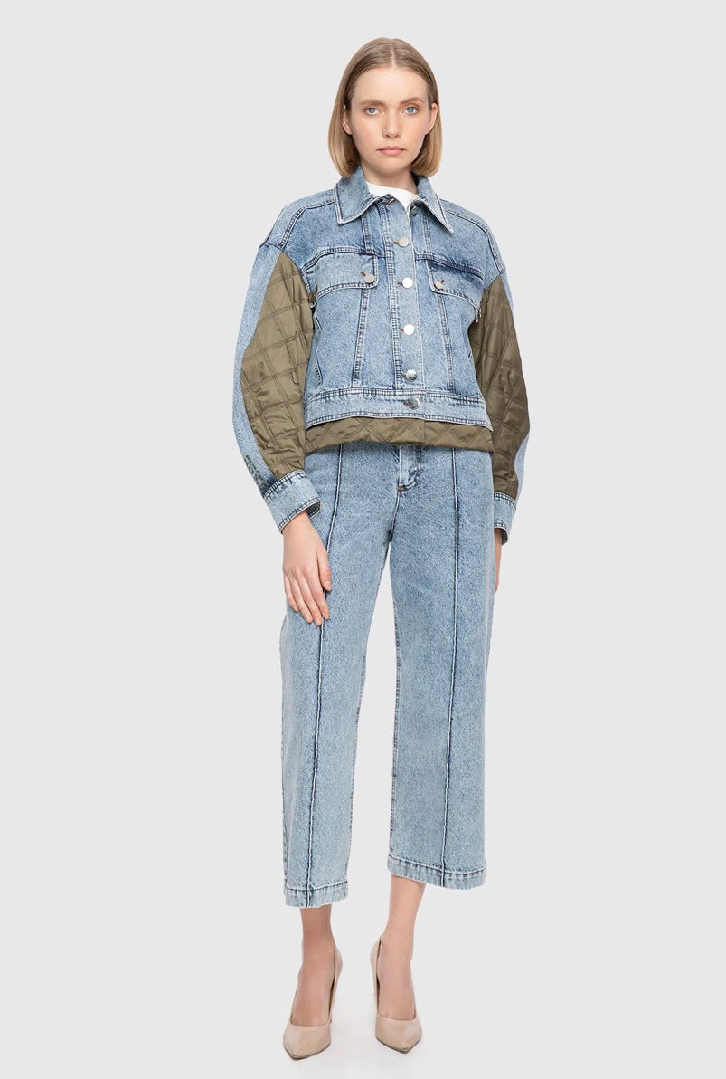 Jean Jacket With Raincoat Fabric Garnish And Embroidered Back