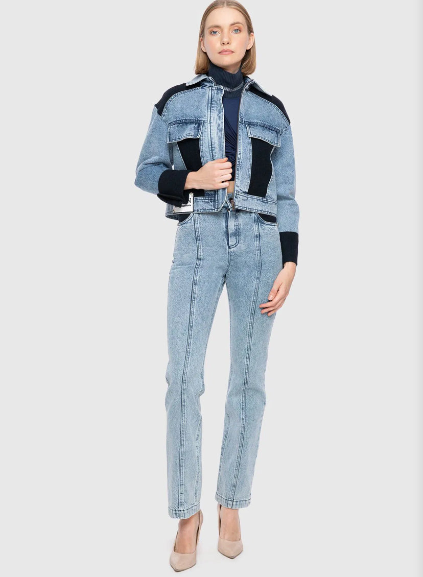 Herringbone Wool Fabric Garnish Crop Jean Jacket