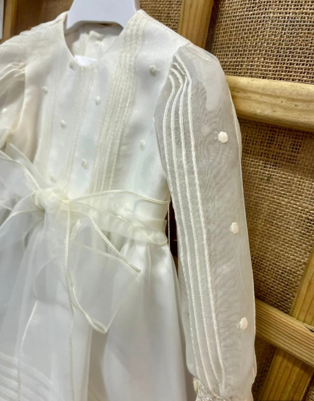 Long Crystal Baptism Gown with Sleeves, Embroidered Bodoques, and Lace Accents