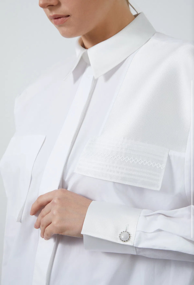 Pocket Flap Nerve Detail Long White Poplin Shirt