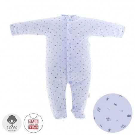 Cambrass playsuit pyjama with scattered printed crown motifs .