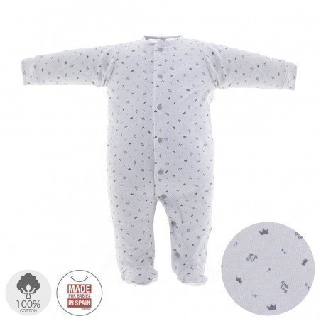 Cambrass playsuit pyjama with scattered printed crown motifs .