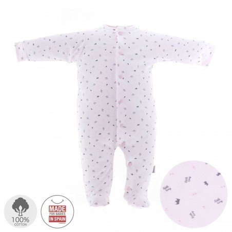 Cambrass playsuit pyjama with scattered printed crown motifs .