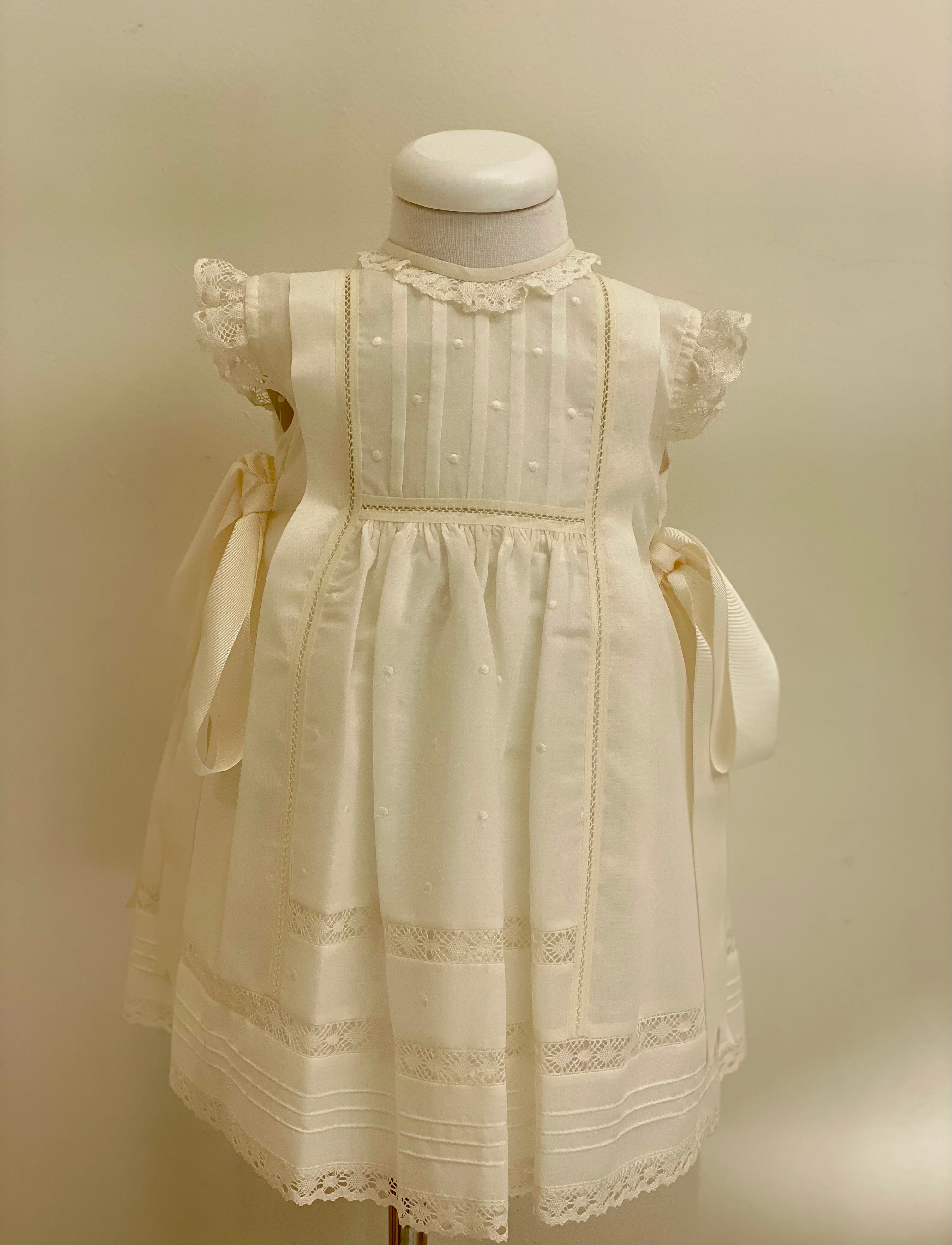 Elegant Christening Dress with Lace Trim and Ribbon Sashes