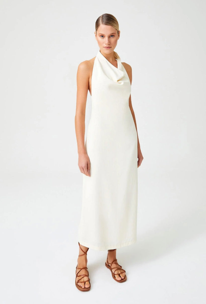 Ecru Halter Turned Neck Backless Cocktail Dress