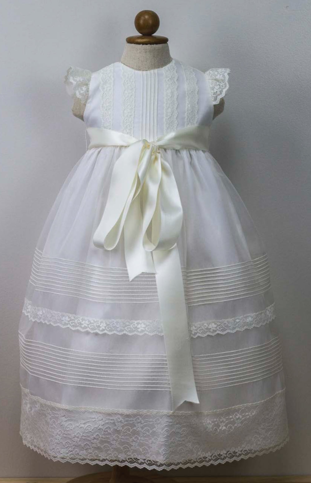 Graceful White Christening Gown with Lace Bodice and Satin Ribbon Bow
