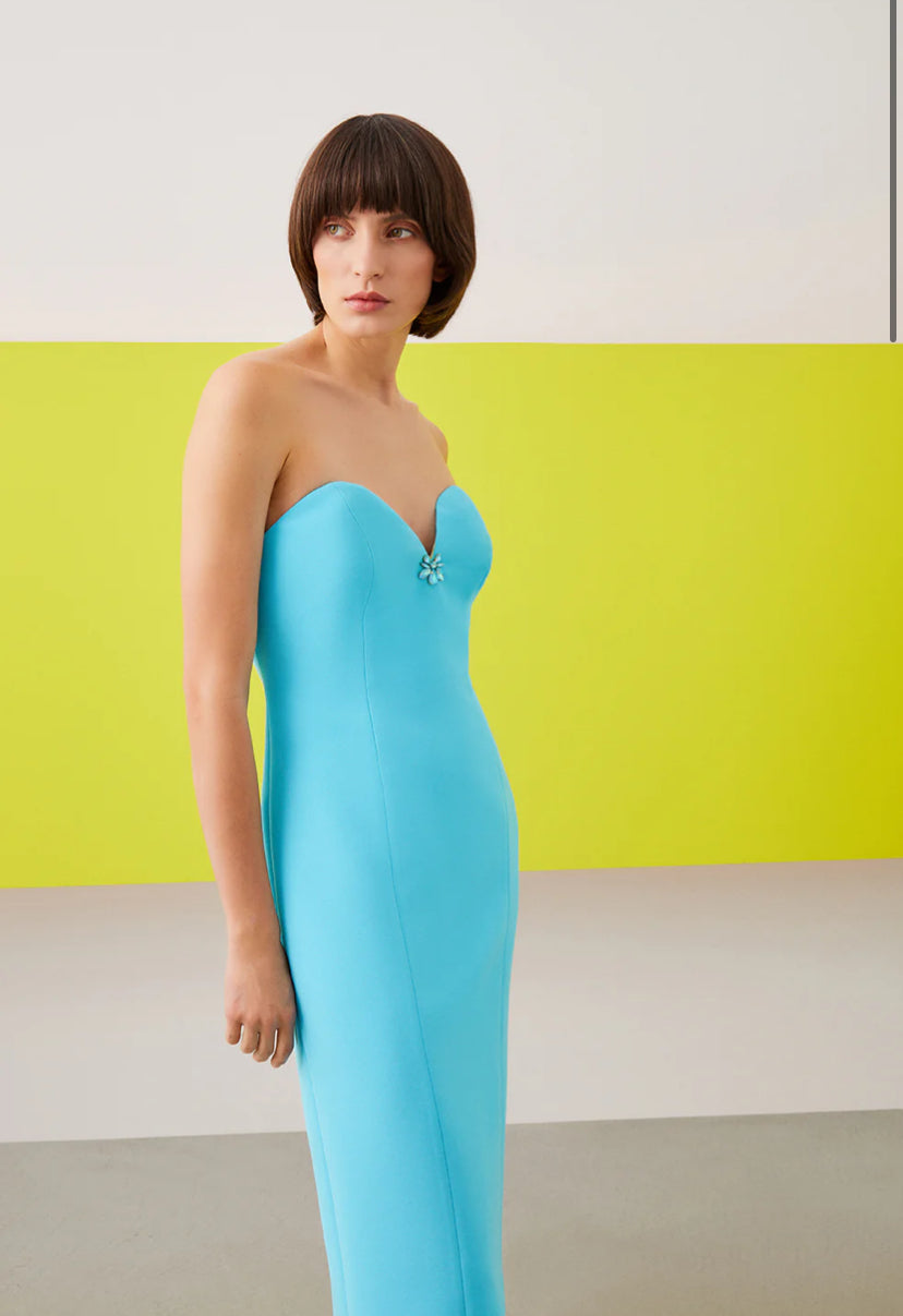 Turqouise Strapless Heart Collar Cocktail Dress With Embellished Jacket