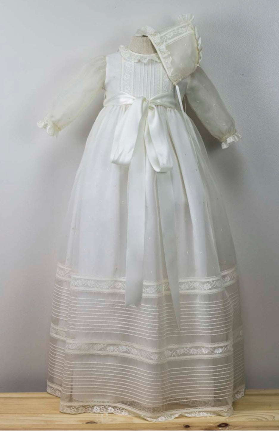 Classic Long-Sleeve Christening Gown with Bonnet and Lace Accents