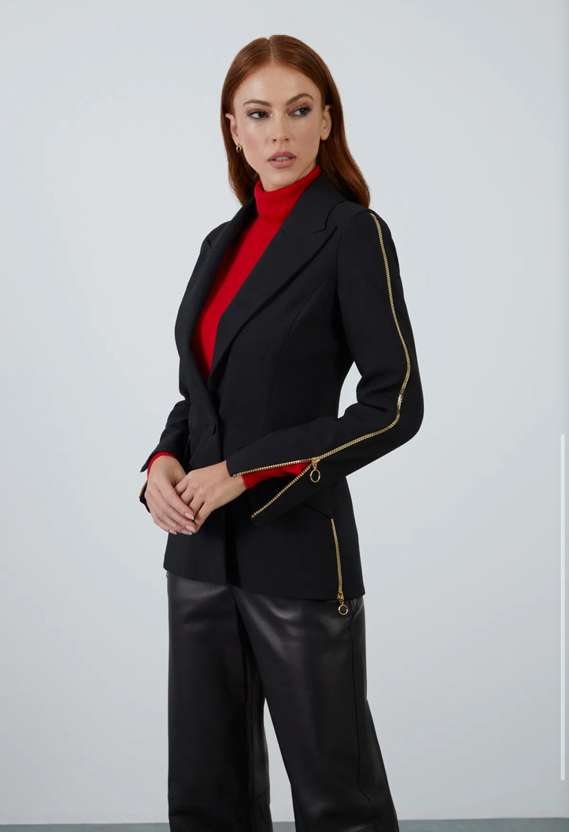 Black Tailored Blazer with Bold Gold Zipper Detailing