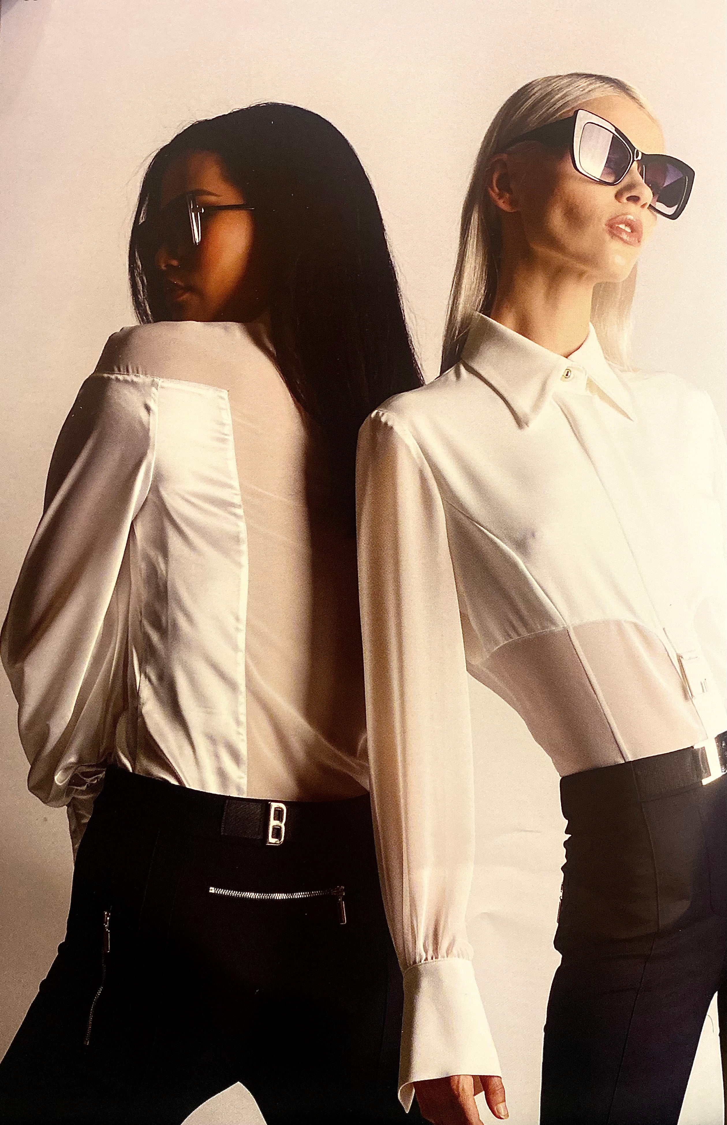 Elegant Tailored Shirt with Wide Cuffs and Cinched Waist