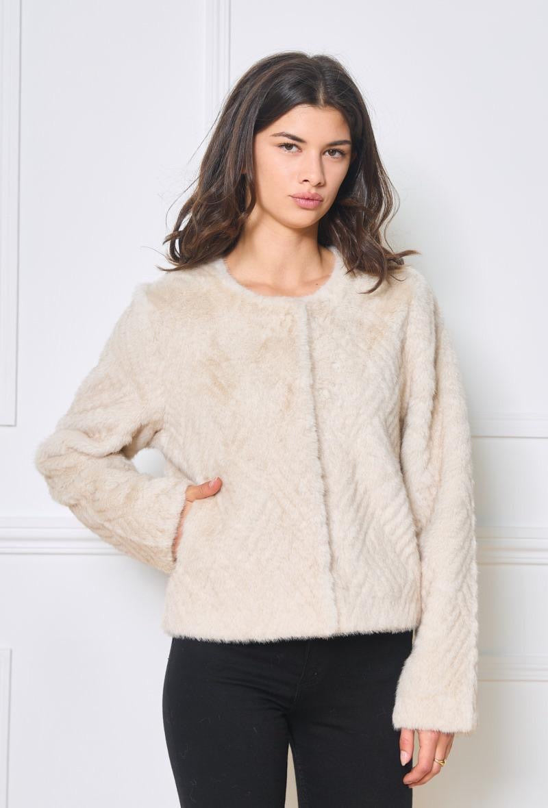 Chic Faux Fur Jacket with Chevron Pattern