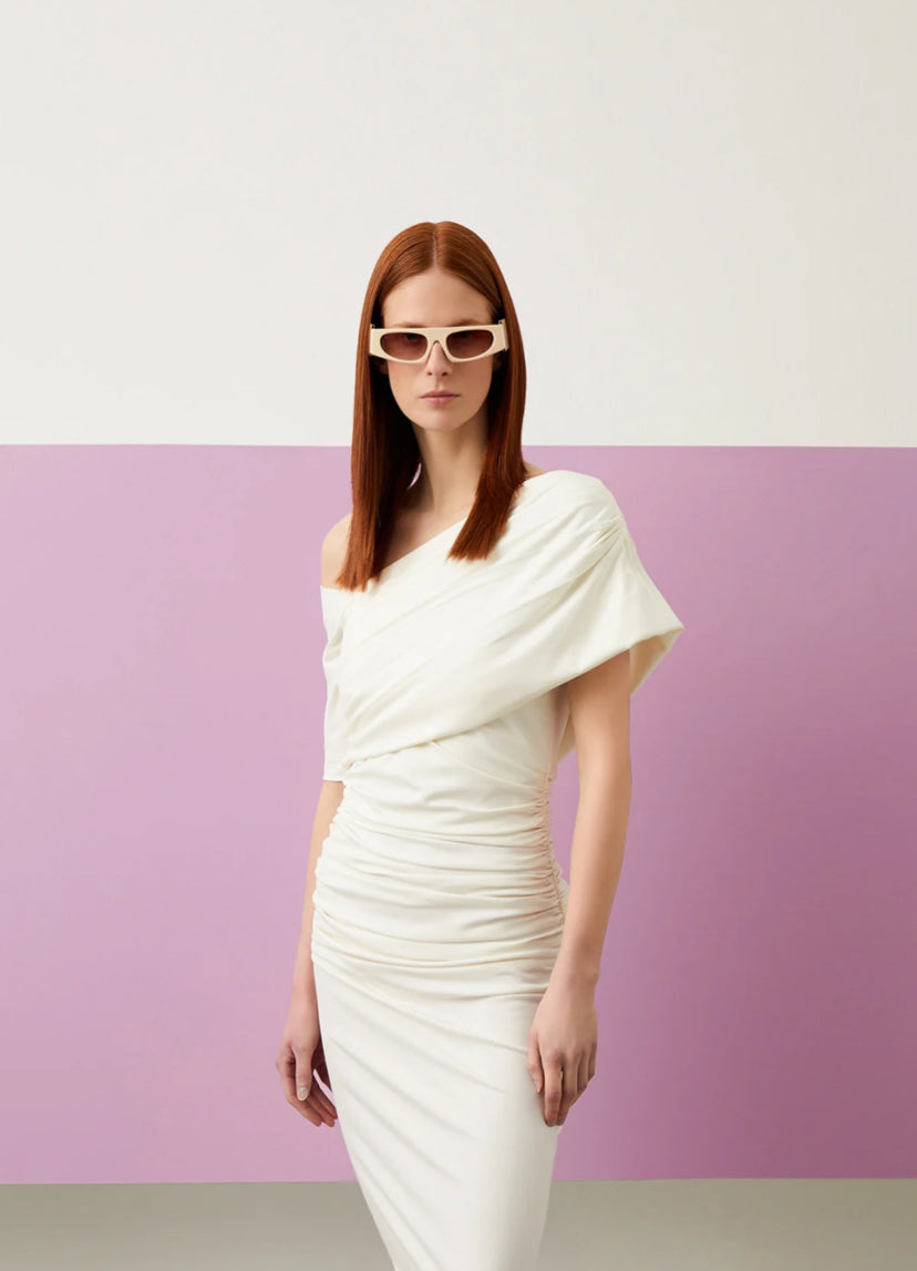 Ecru Draped Short Sleeve Cocktail Dress