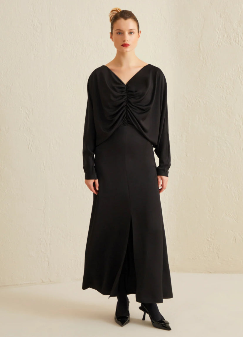 Black Drape Front Slit Cocktail Dress