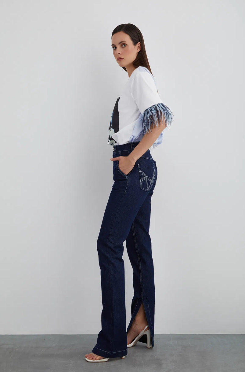 Back Pocket Embroidery Detail Inner Slit Jean Pants