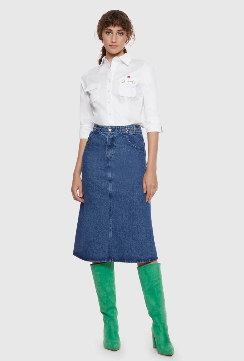 Midi Length Denim Skirt With Metal Joining Accessories