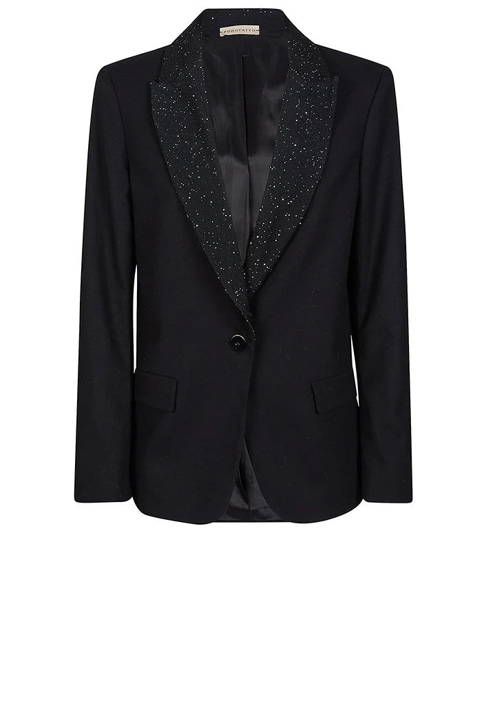 Blazer with sequined shawl collar.