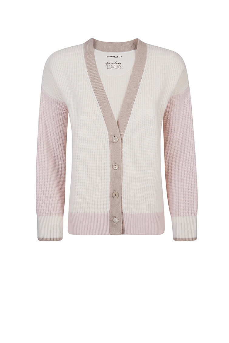 Color-block cashmere cardigan.