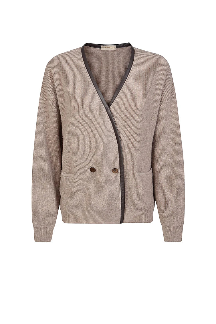 Cardigan with a leather trim.