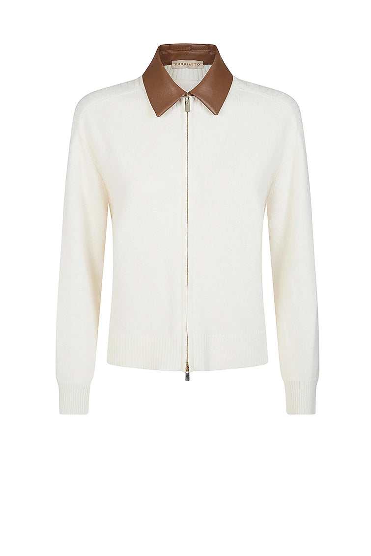 Zipped cardigan with a leather collar.