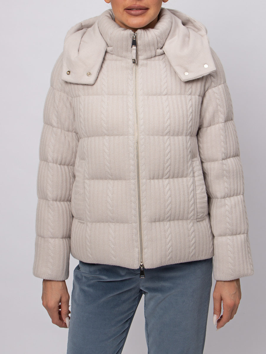 Cashmere Padded Jacket with a hood.