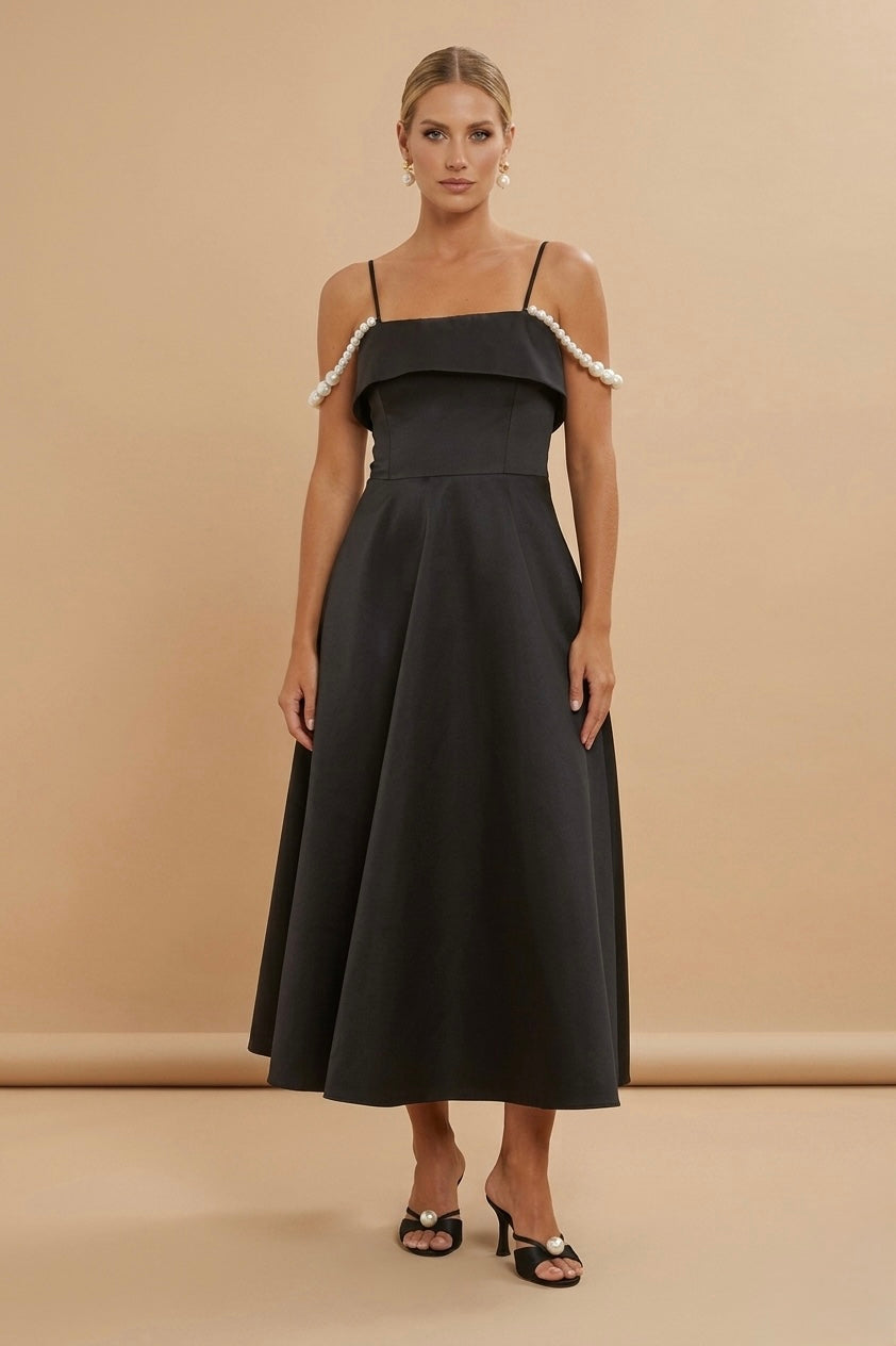 Pearl-Strapped Black Dress