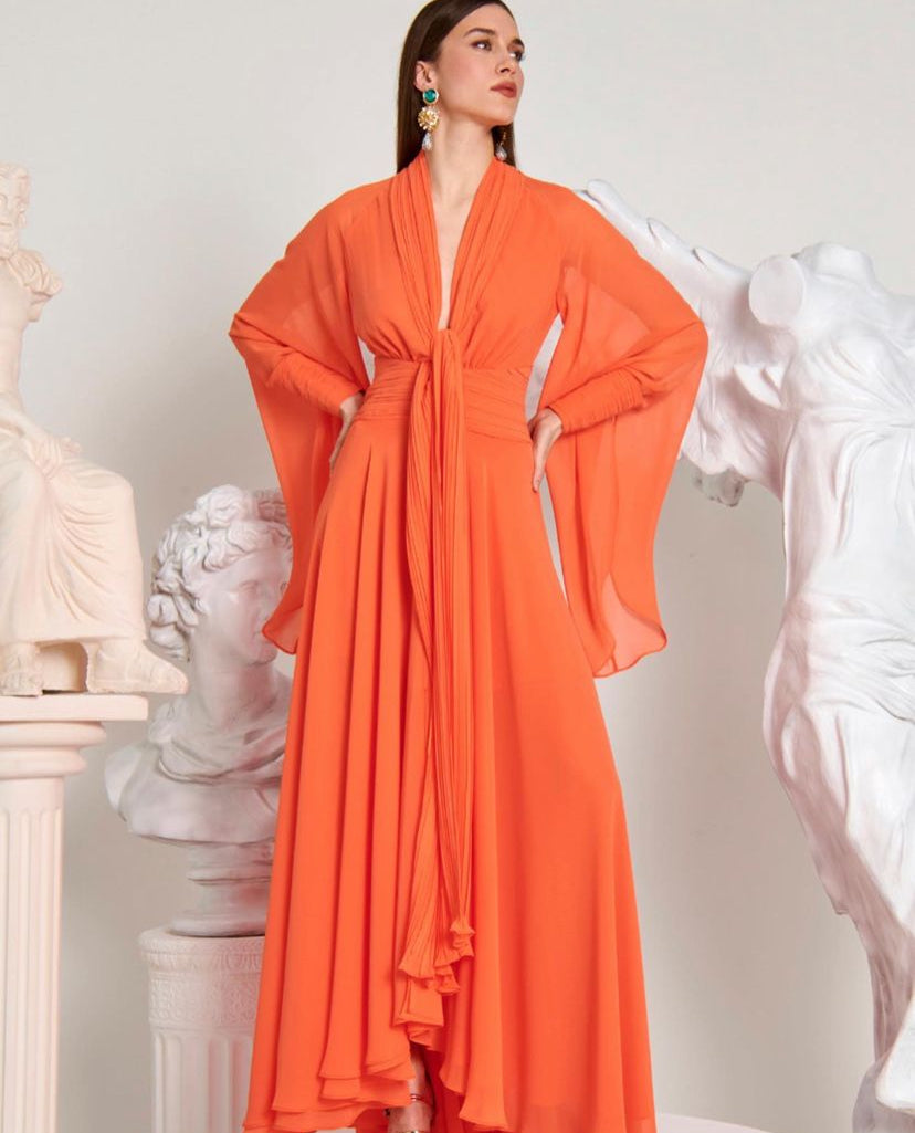 Elegant Orange Draped Evening Gown with Flowing Sleeves