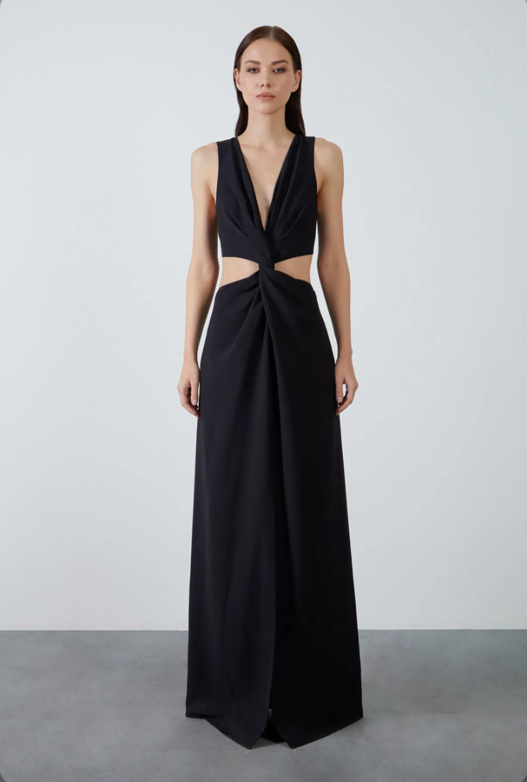 Front Knot Detailed Deep Neck Maxi Dress