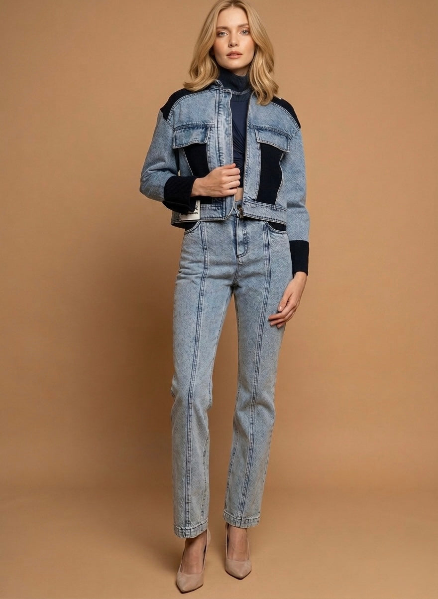 Wool Fabric Garnish Crop Jean Jacket