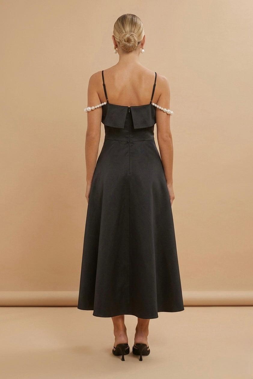 Pearl-Strapped Black Dress