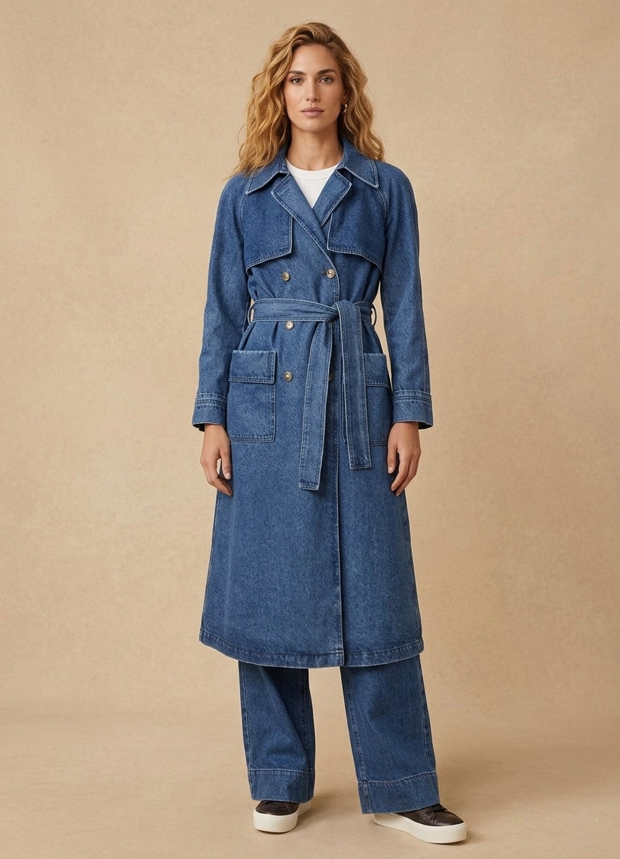 Belted Denim Blue Trench Coat