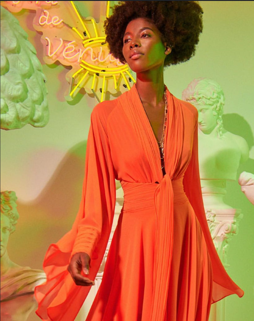Elegant Orange Draped Evening Gown with Flowing Sleeves