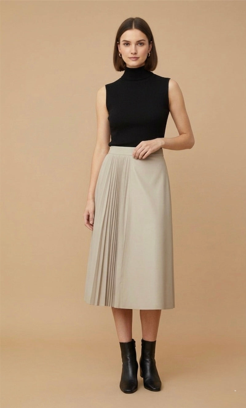 Asymmetric Pleated Leather Skirt