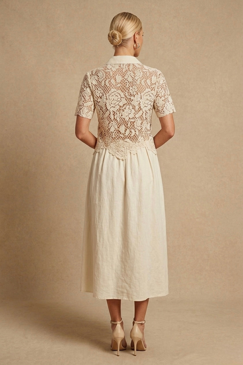 Short-Sleeve Bone-Colored Dress with Lace Top