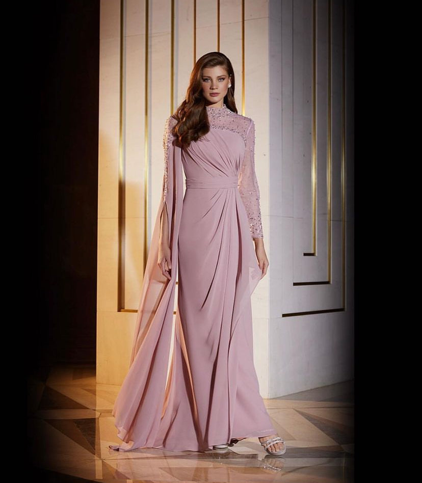 Dusty Pink Embellished High-Neck Evening Gown with Draped Detail