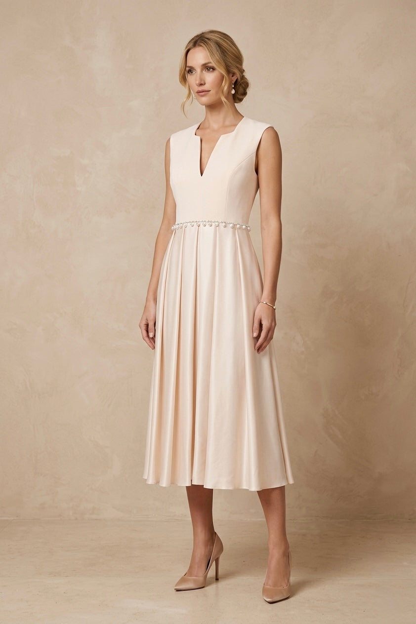Pearl-Embellished Pleated Dress