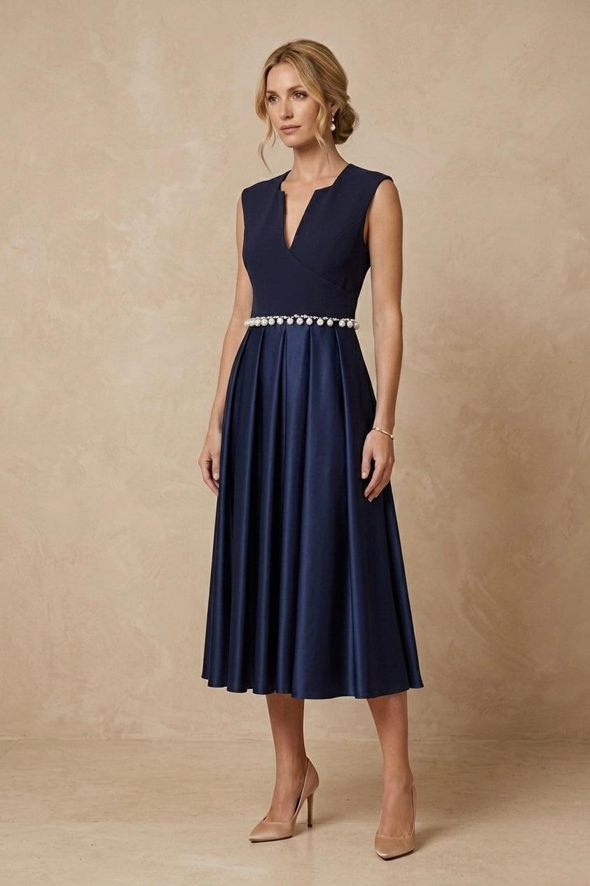 Pearl-Embellished Pleated Dress