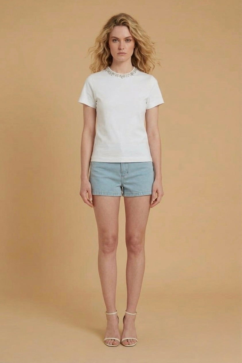 White T-Shirt With Embellished Neckline
