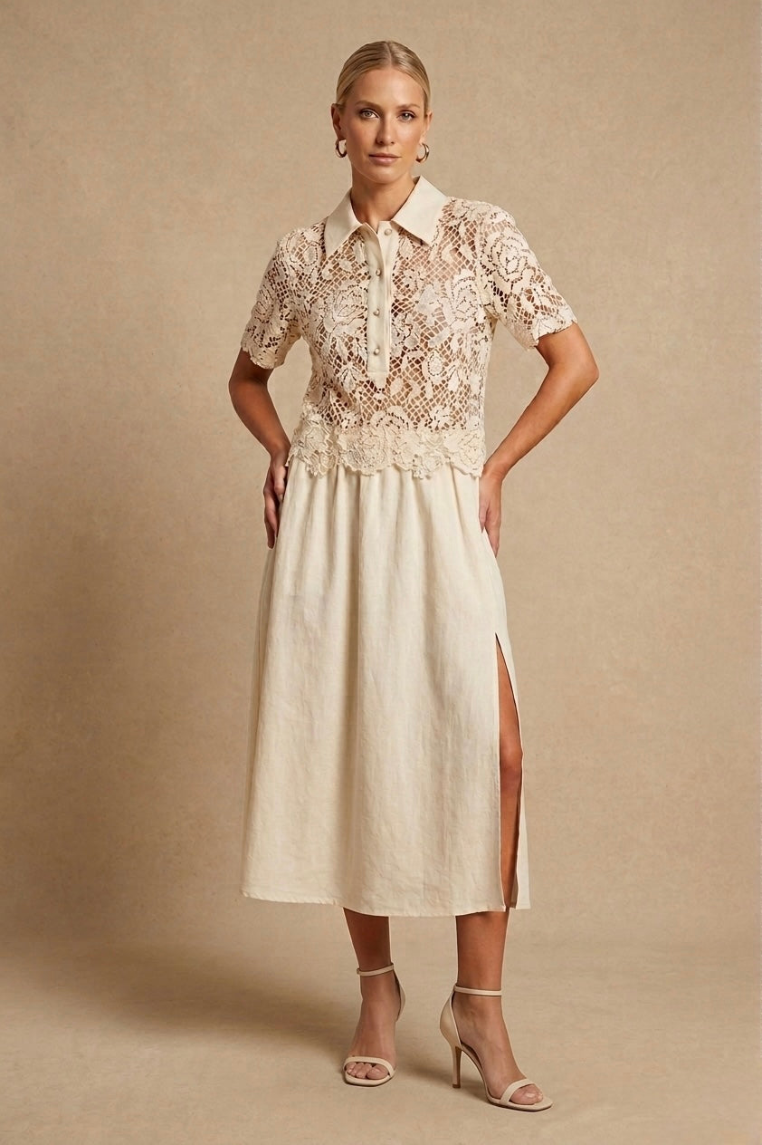Short-Sleeve Bone-Colored Dress with Lace Top