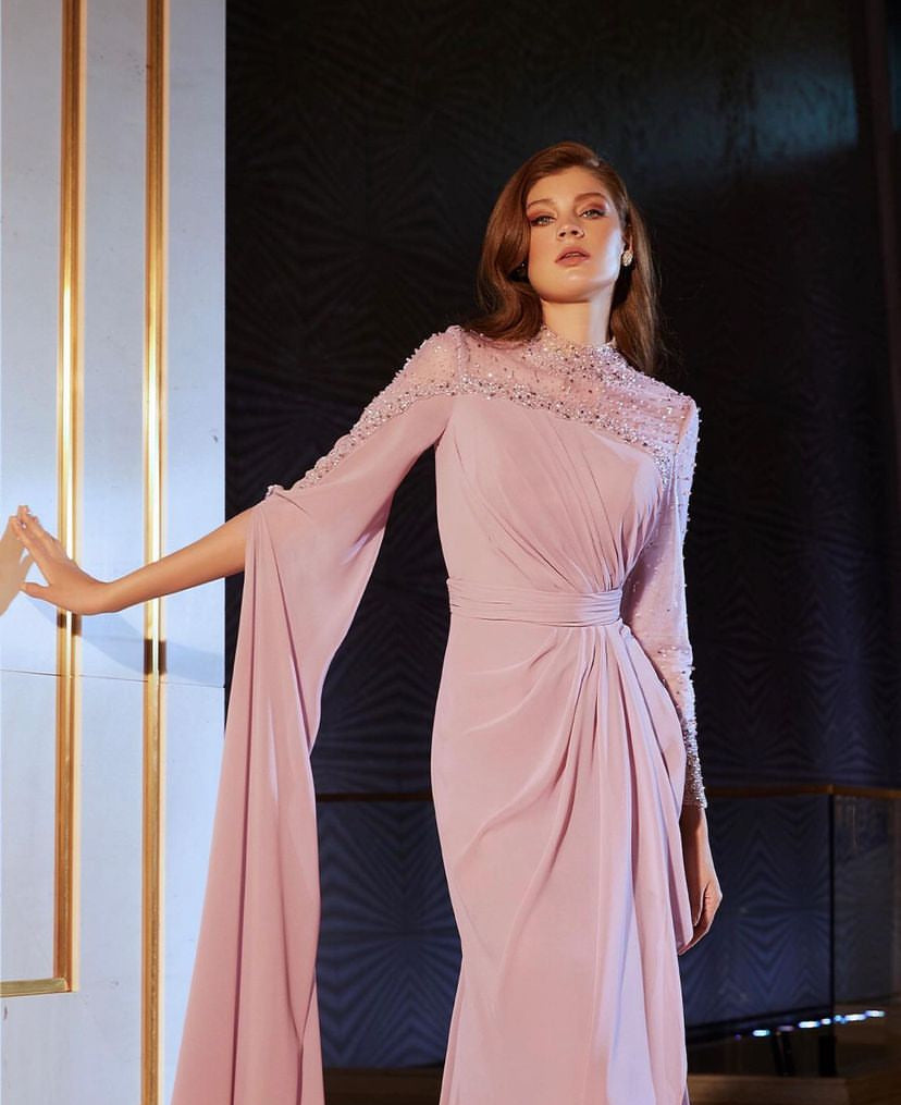 Dusty Pink Embellished High-Neck Evening Gown with Draped Detail